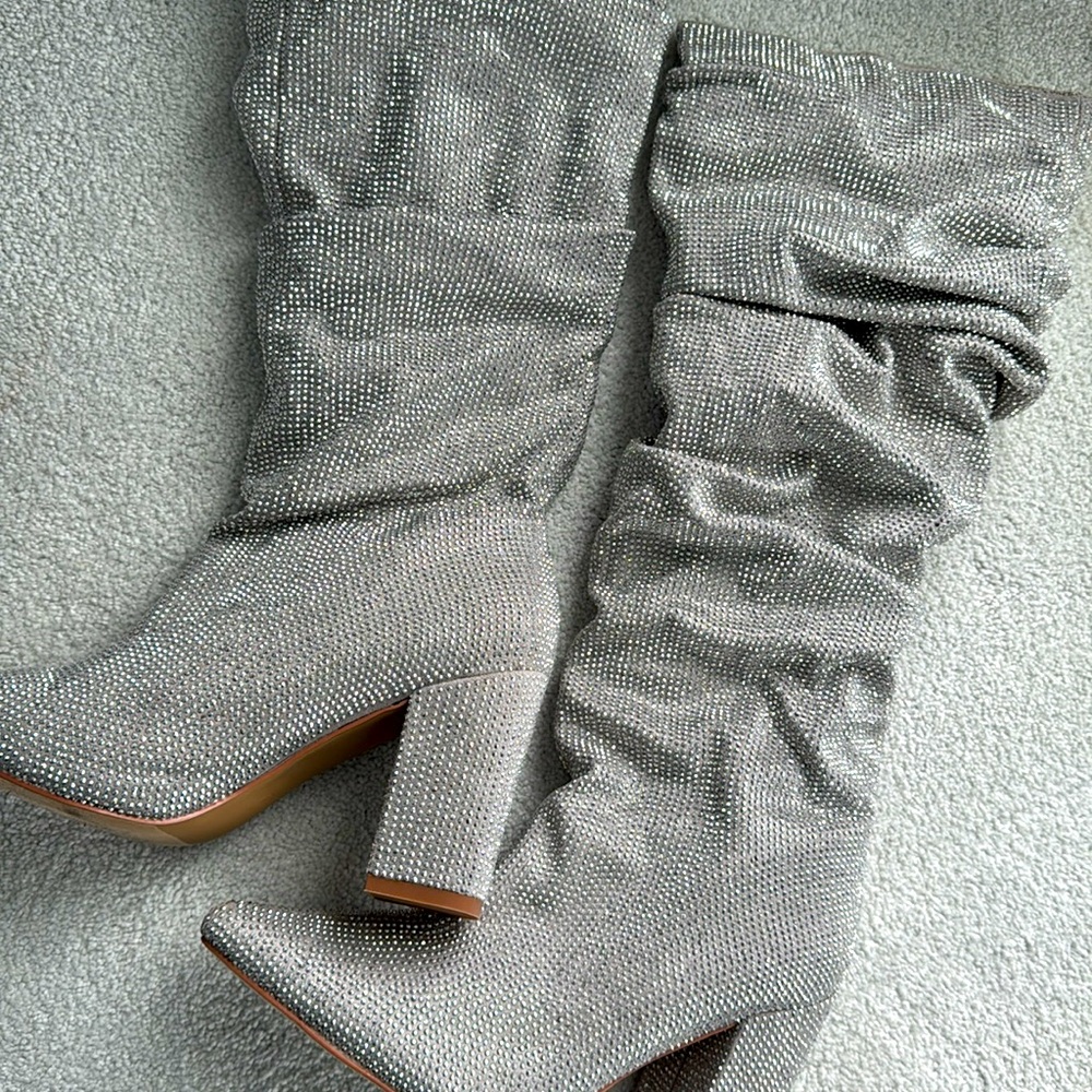 Silver slouchy rhinestone boots. Size 9.